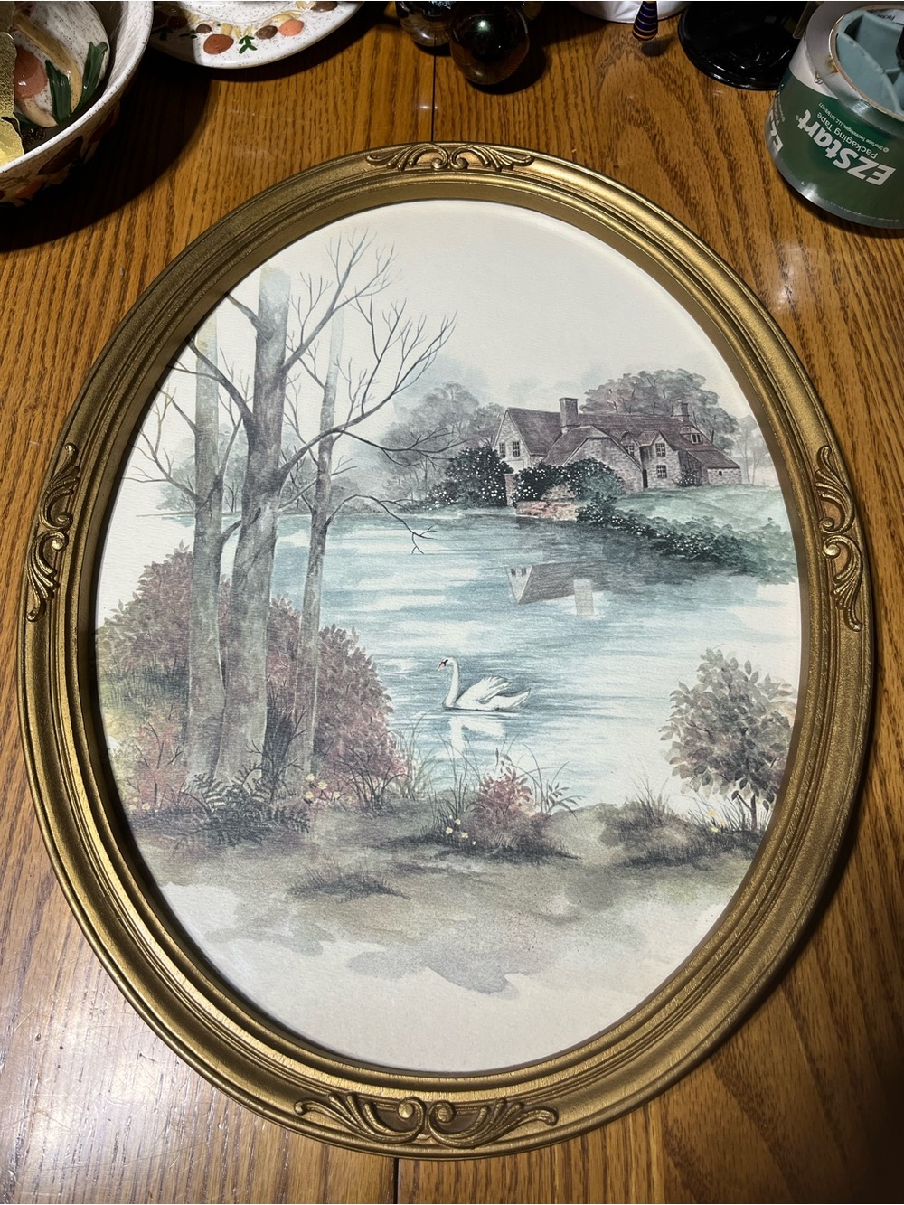 Gold Framed Swan Lake Wall Art - Scenic Watercolor PrintHome Interior